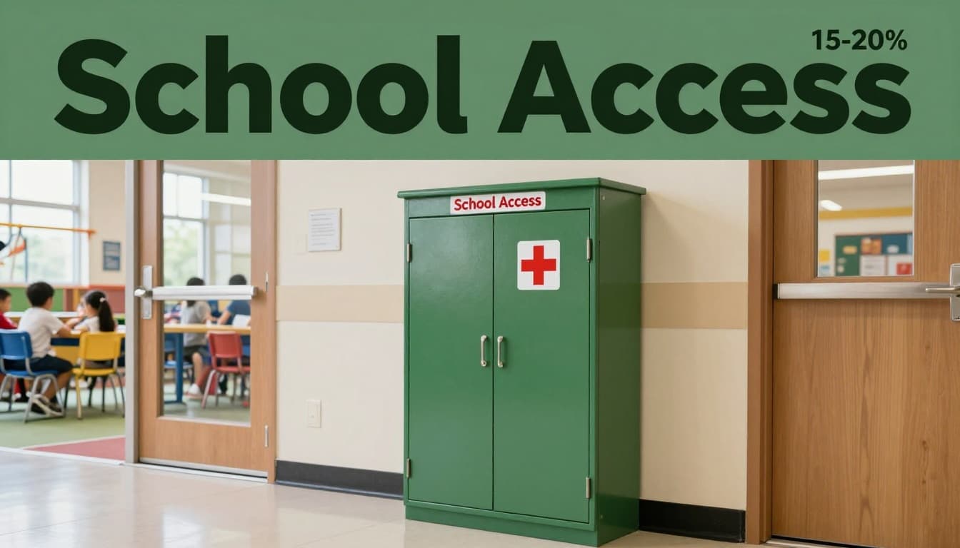 Wall-mounted first aid cabinet in a school hallway near playground door with red cross sign above and kids playground visible through window, side angle emphasizing accessibility under bright lighting.