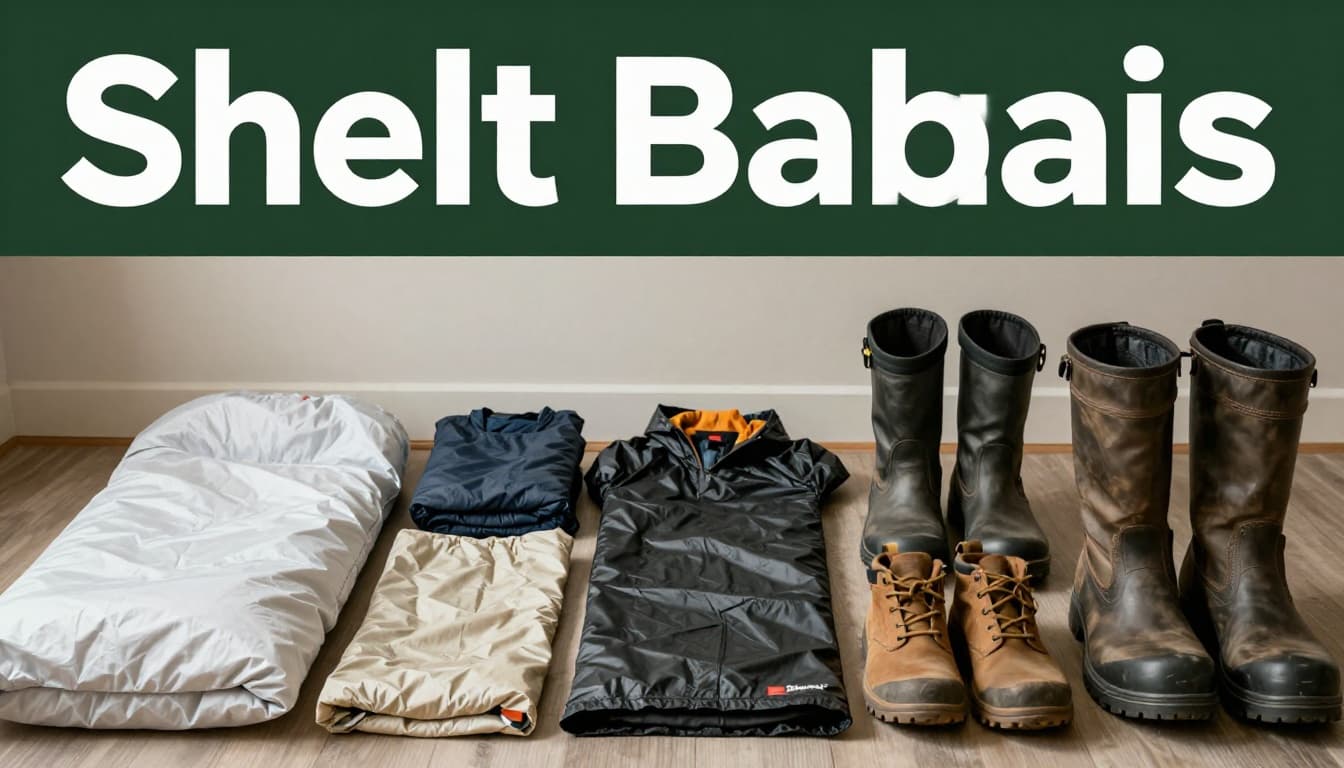 Realistic photo of emergency blankets, sleeping bag, rain poncho, extra clothing layers, and sturdy boots laid out on a floor with neutral indoor lighting and wide composition. Bold 'Shelter Basics' headline on a muted dark-green band near the top in high-contrast white text.