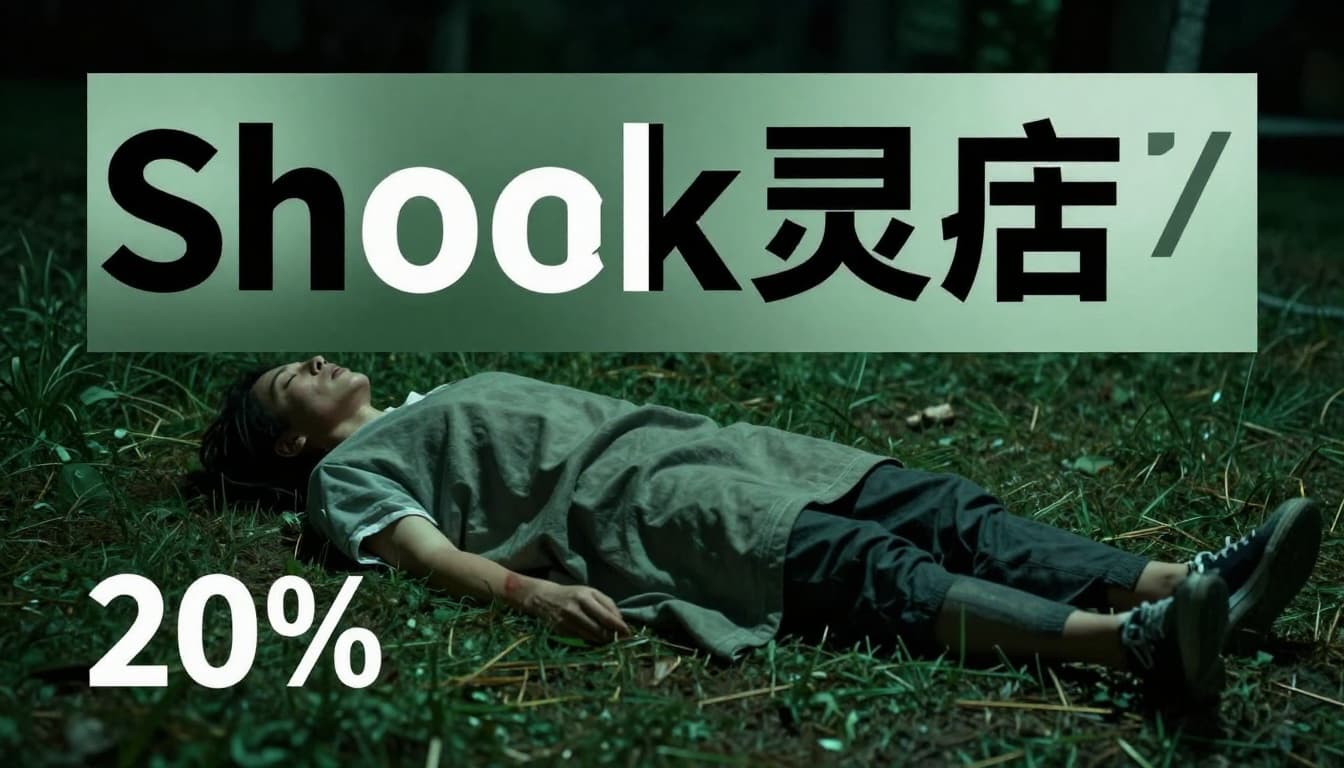 A person displays classic shock symptoms post-outdoor accident: pale clammy skin, rapid shallow breathing, lying with legs elevated under a blanket in dim emergency lighting. Bold 'Shock Signs' headline in muted dark-green top band, full-body wide composition.