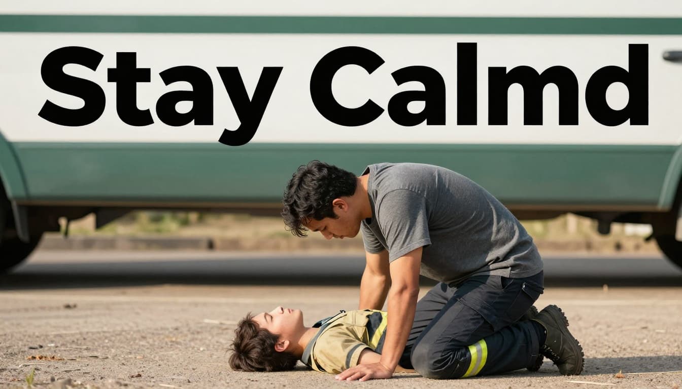 A calm adult responder kneels beside an injured person on the ground in a safe outdoor scene, hands on knees breathing deeply while assessing before acting, realistic photo with natural daylight and warm tones, featuring bold 'Stay Calm' headline in muted dark-green band at top.