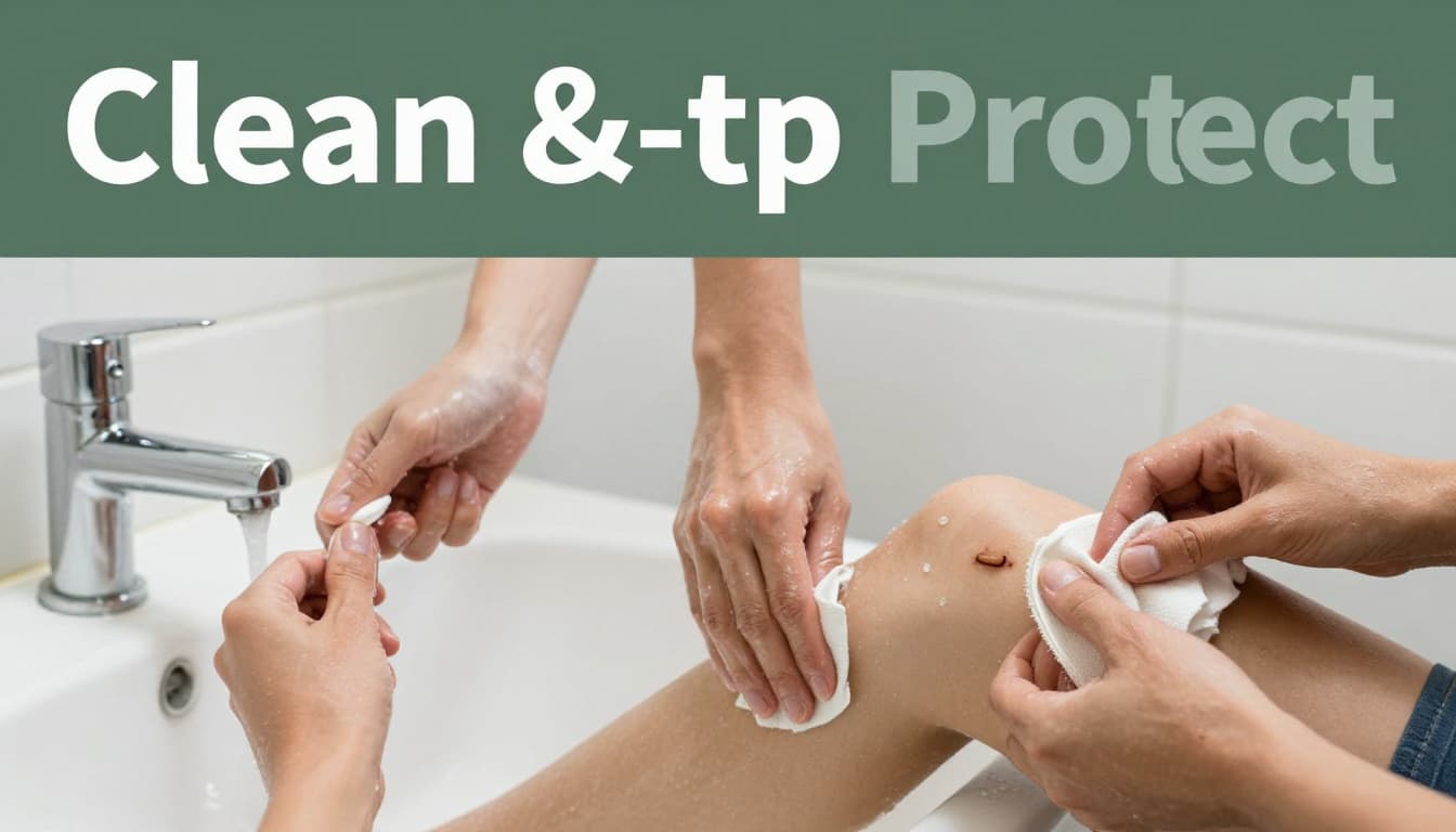 Step-by-step home first aid scene with hands washing under faucet and applying pressure to a small knee scrape on bathroom counter, sequential left-to-right composition, bold 'Clean & Protect' headline on muted dark-green band.
