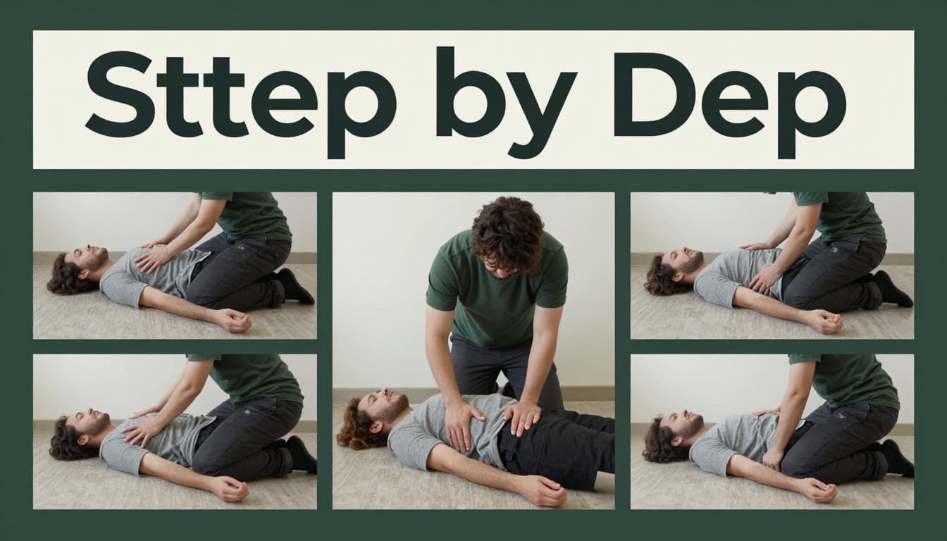 Three-panel sequence depicts a rescuer kneeling beside an unconscious adult on the floor, gently rolling them into the recovery position while supporting the head and body in a safe home environment.