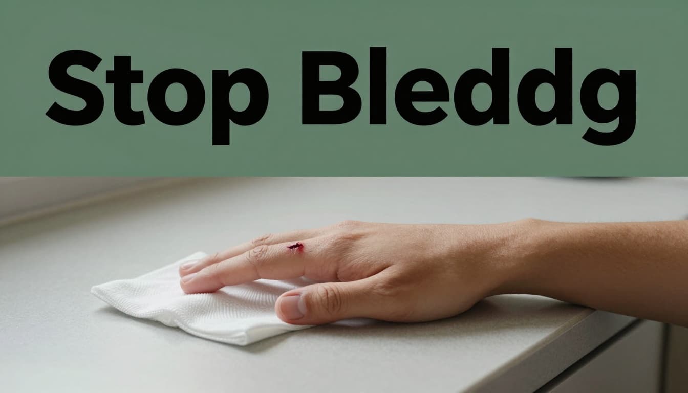 Close-up realistic photo of a clean hand with a shallow finger cut, white sterile gauze pad pressed firmly over the wound, arm elevated above heart level on a kitchen counter under soft natural light. Illustrates safe first aid technique for controlling bleeding before cleaning.