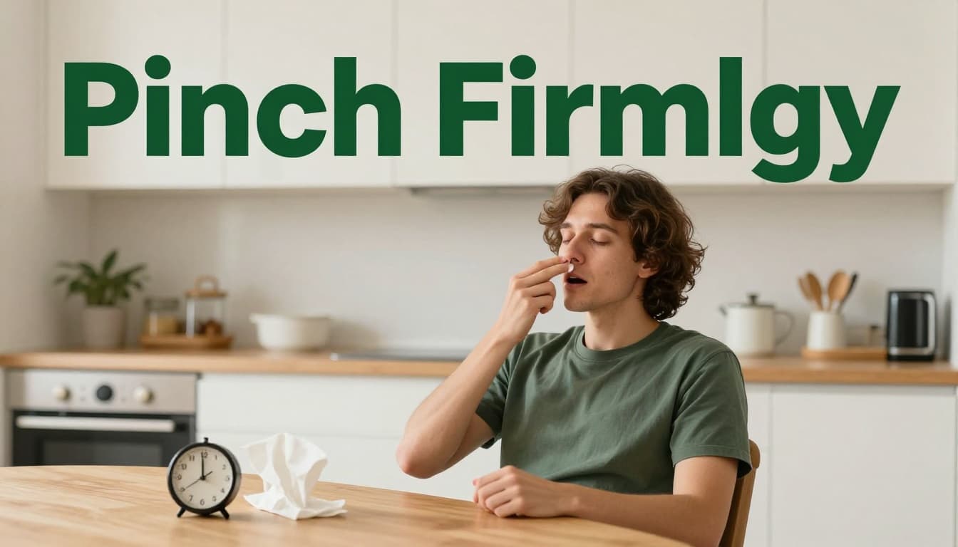Adult person seated upright on a chair in a home kitchen, leaning forward while firmly pinching the soft lower part of their nose with thumb and index finger, calm relaxed expression, mouth slightly open, kitchen table with clock at 12 minutes and tissue in foreground. Bold 'Pinch Firmly' headline in Title Case sans-serif on dark-green band at top.