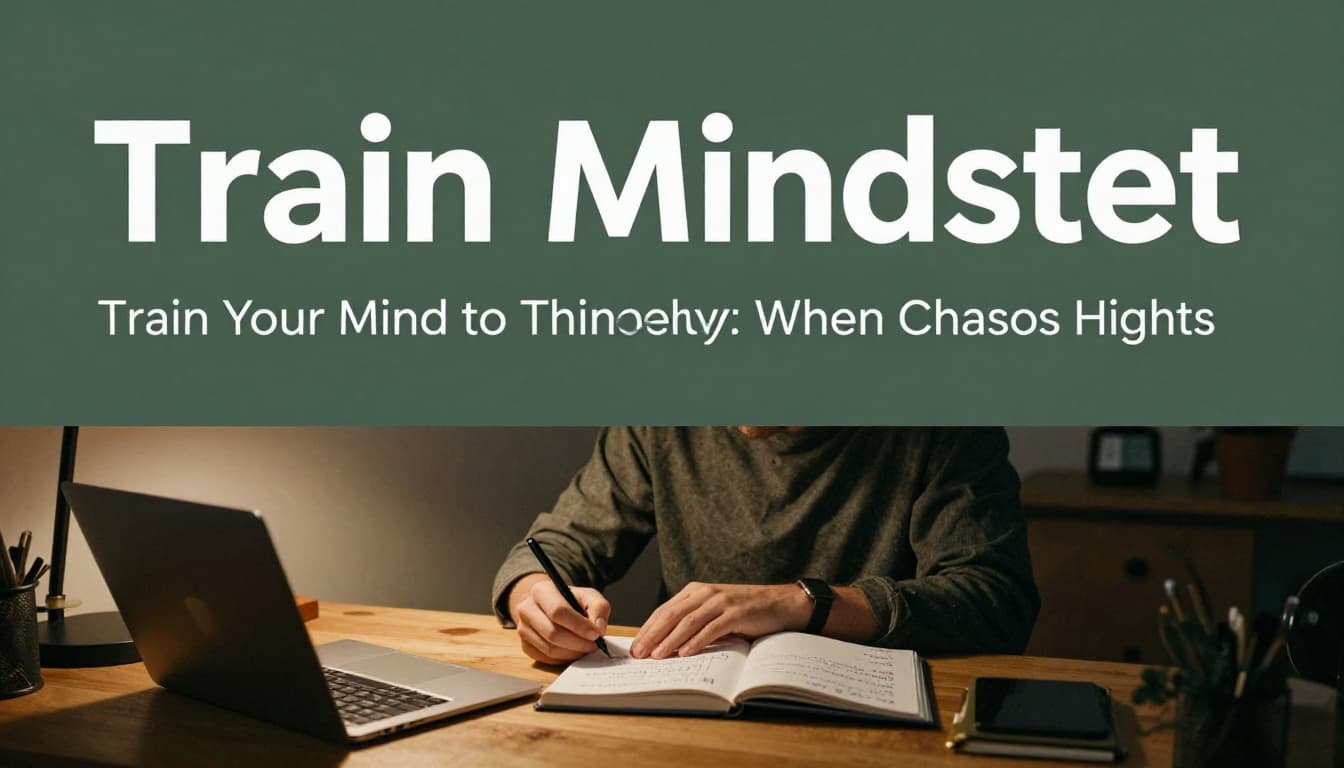 A person sits relaxed at a wooden desk in a cozy home office at dusk, thoughtfully reviewing an open prep binder with notes on plans, gear, and skills under soft lamp light. Bold 'Train Mindset' headline in geometric sans-serif font on a muted dark-green band at the top.