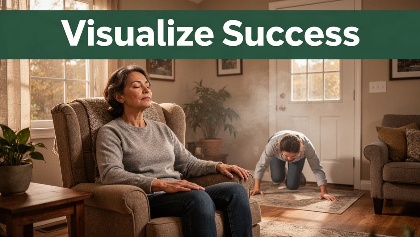 A single adult person sits in a comfortable armchair in a cozy living room, eyes closed with a serene expression, mentally visualizing a calm successful response to a house fire emergency, featuring a faint overlay of crawling low to the exit door. The image includes a bold dark-green top band with 'Visualize Success' headline, in realistic editorial photography style.