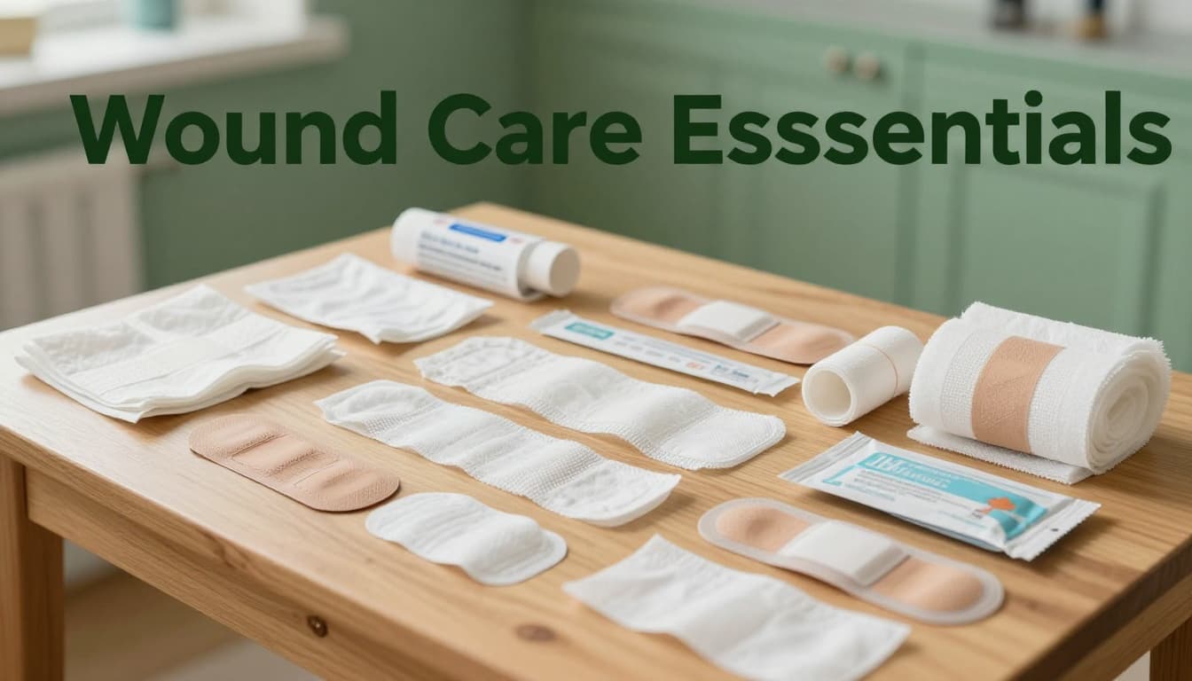 Assortment of first aid bandages, gauze pads, roller bandages, and compress dressings neatly arranged on a clean wooden table in a bright kitchen setting, viewed from above with soft natural lighting.